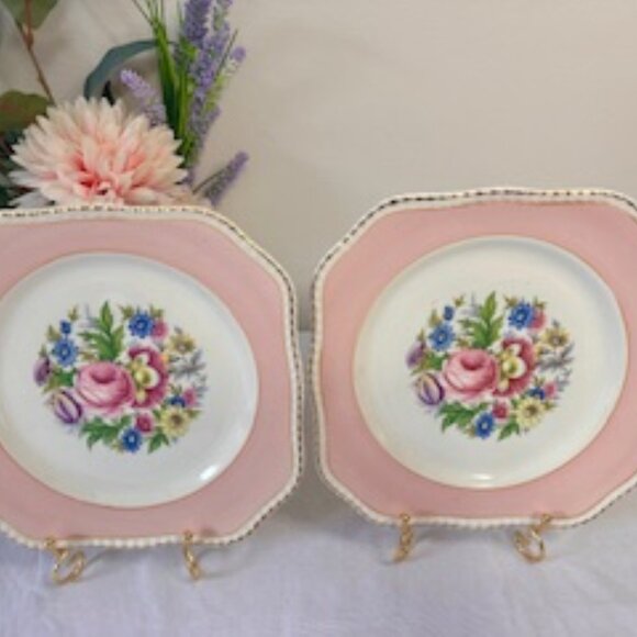 Vintage Simpsons‎ Ambassador Ware Pink Floral Plates England Gold Trim Pair - Picture 2 of 6